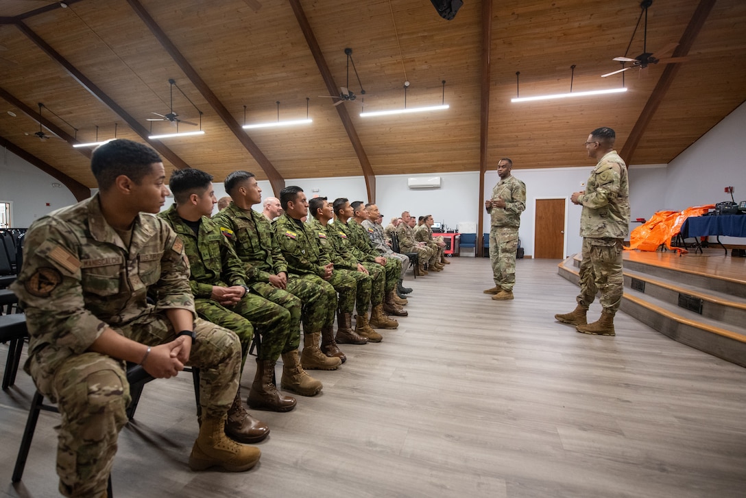 U.S. Army Maj. Eric Green, director of the Kentucky National Guard State Partnership Program, welcomes members of the Ecuadorian military to Louisville, Ky., March 9, 2026. The Ecuadorians were visiting to learn more about the Kentucky Guard’s emergency-response capabilities and interagency cooperation across the state, and to share their own techniques for responding to emergency contingencies. (U.S. Air National Guard photo by Phil Speck)