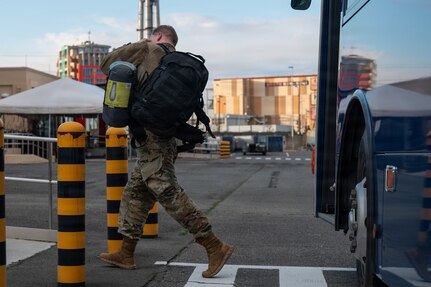 A simulated evacuee assigned to U.S. Forces Korea participates in a Non-combatant Evacuation Operation during exercise Freedom Shield 26 at Yokota Air Base, Japan, March 10, 2026.