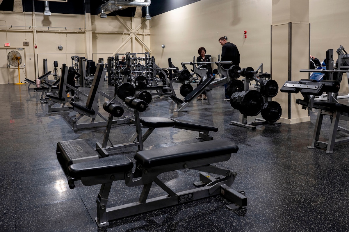 A weight room inside the Bushido Fitness Center is shown during the facility’s grand opening at Misawa Air Base, Japan, April 10, 2026. The new fitness center includes multiple workout areas designed to support strength training, cardio and mission readiness for the Misawa community. (U.S. Air Force photo by Senior Airman Gavin Hameed)