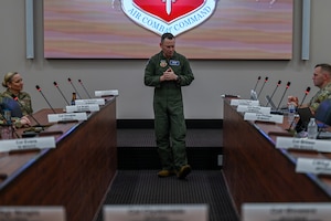 U.S. Air Force Col. Raymond Clydesdale, command surgeon for Air Combat Command, addresses attendees during the ACC Command Surgeon Conference at Joint Base Langley-Eustis, Virginia, April 1, 2026. The conference focused on key modernization updates designed to optimize mission readiness and prepare medics for future conflicts. (U.S. Air Force photo by Marcus Bullock)