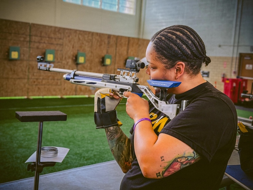 Army Capt. Channda Mitchell participates in the archery competition during the Army Recovery Care Program’s Army Trials, at Fort Bliss, Texas, Feb. 25 - March 5.