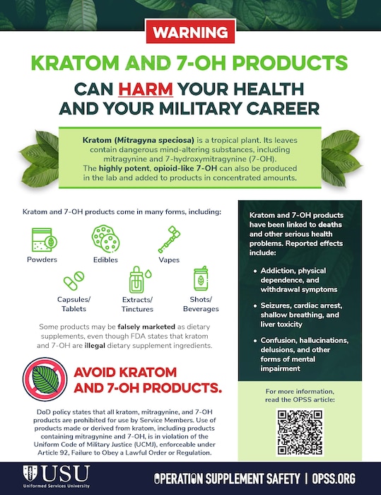 The Arnold Engineering Development Complex Drug Demand Reduction Program team is urging members of Team AEDC to be aware of the dangers of kratom use. The use of kratom is prohibited among military service members. (Uniformed Services University graphic)