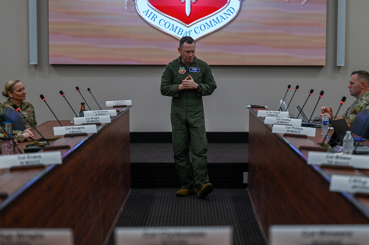 U.S. Air Force Col. Raymond Clydesdale, command surgeon for Air Combat Command, addresses attendees during the ACC Command Surgeon Conference at Joint Base Langley-Eustis, Virginia, April 1, 2026. The conference focused on key modernization updates designed to optimize mission readiness and prepare medics for future conflicts. (U.S. Air Force photo by Marcus Bullock)