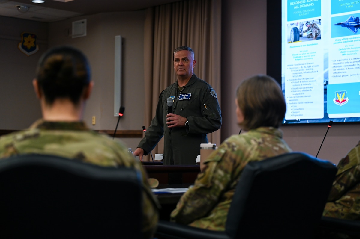 U.S. Air Force Lt. Gen. Michael Koscheski, deputy commander for Air Combat Command, addresses attendees during the ACC Command Surgeon Conference at Joint Base Langley-Eustis, Virginia, April 1, 2026. The three-day forum was dedicated to ensuring medics are organized, trained, and equipped to support the warfighter in any environment. (U.S. Air Force photo by Marcus Bullock)