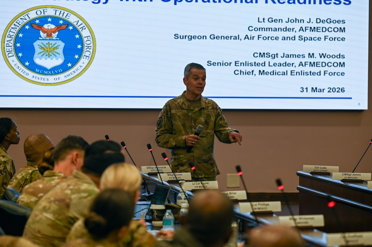 U.S. Air Force Lt. Gen. Lt. Gen. John DeGoes, Air Force and Space Force surgeon general, and commander for Air Force Medical Command, addresses attendees during the ACC SG Conference at Joint Base Langley-Eustis, Virginia, March 31, 2026. Discussions centered on new warfighting concepts, including the agile "Role 1" medical model and the strategic realignment under Air Force Medical Command. (U.S. Air Force photo by Marcus Bullock)