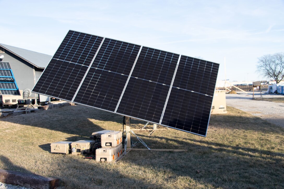 A LEMA single photovoltaic panel, with battery packs underneath, after installation at the U.S. Army Engineer Research Development Center’s (ERDC) Construction Engineering Research Laboratory (CERL) at the ERDC Forward Operating Base Laboratory in Champaign, Illinois.