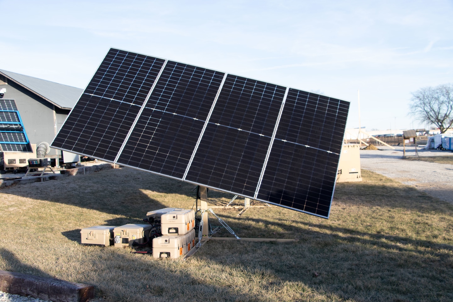 A LEMA single photovoltaic panel, with battery packs underneath, after installation at the U.S. Army Engineer Research Development Center’s (ERDC) Construction Engineering Research Laboratory (CERL) at the ERDC Forward Operating Base Laboratory in Champaign, Illinois.