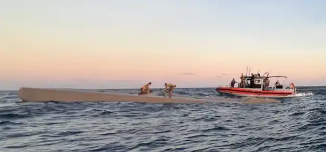 A third-generation long range interceptor (LRI III) cutter boat remains on scene after disrupting a low-profile smuggling vessel.