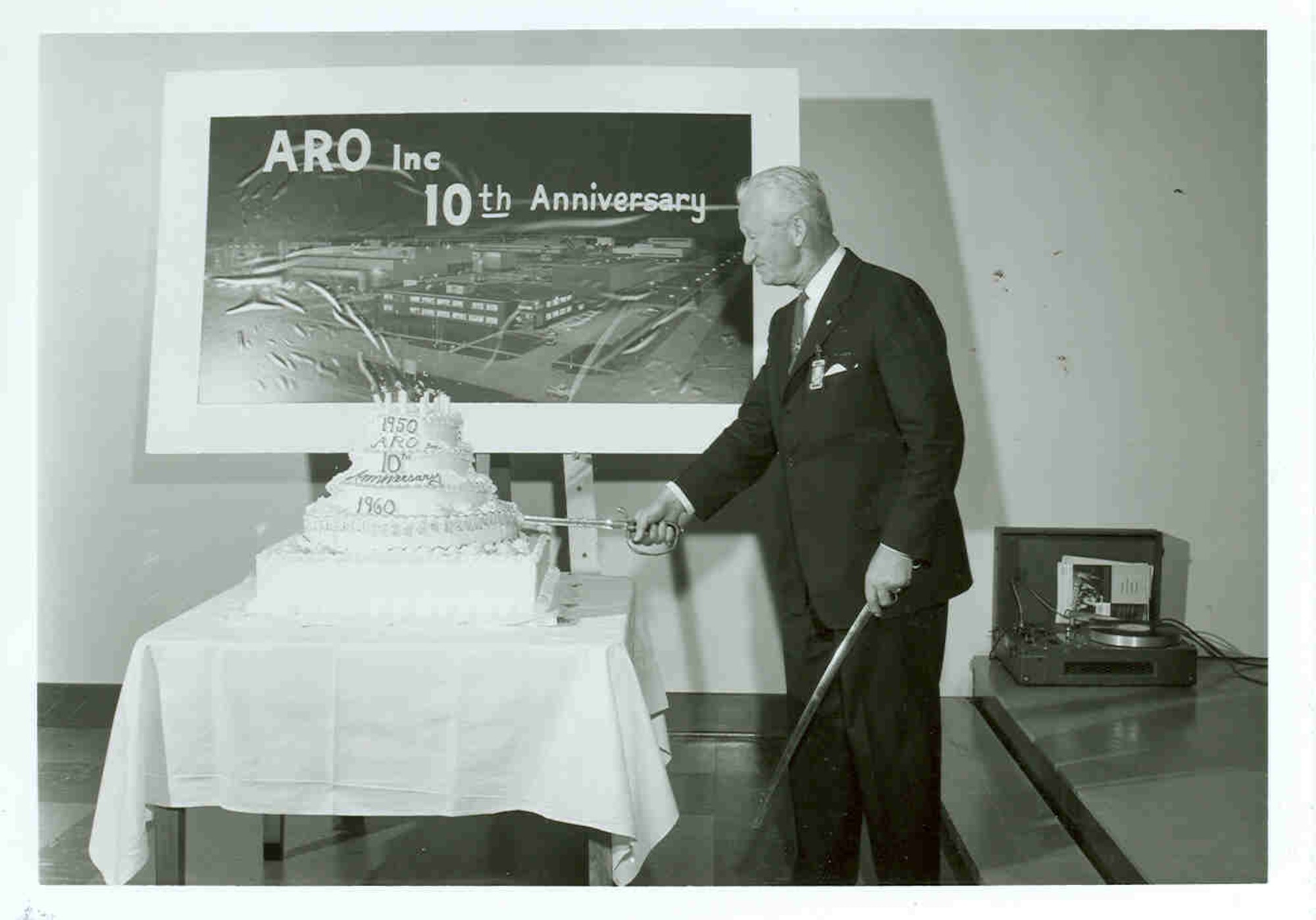 Arnold Research Organization President Leif Sverdrup cuts the cake celebrating the 10th anniversary of ARO in 1960. ARO was the first company awarded a contract to operate AEDC. The contract between ARO and the Air Force was signed June 29, 1950. (U.S. Air Force photo)