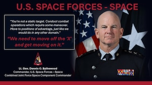 An infographic features U.S. Space Force Lt. Gen. Dennis O. Bythewood, commander of U.S. Space Forces - Space, highlighting his remarks from the Defense One State of Defense 2026 event at Vandenberg Space Force Base, California, March 25, 2026. Bythewood emphasized the necessity of conducting dynamic space operations and moving to positions of advantage to maintain a tactical edge in the space domain. (U.S. Space Force graphic by Maj. Julian Labit)