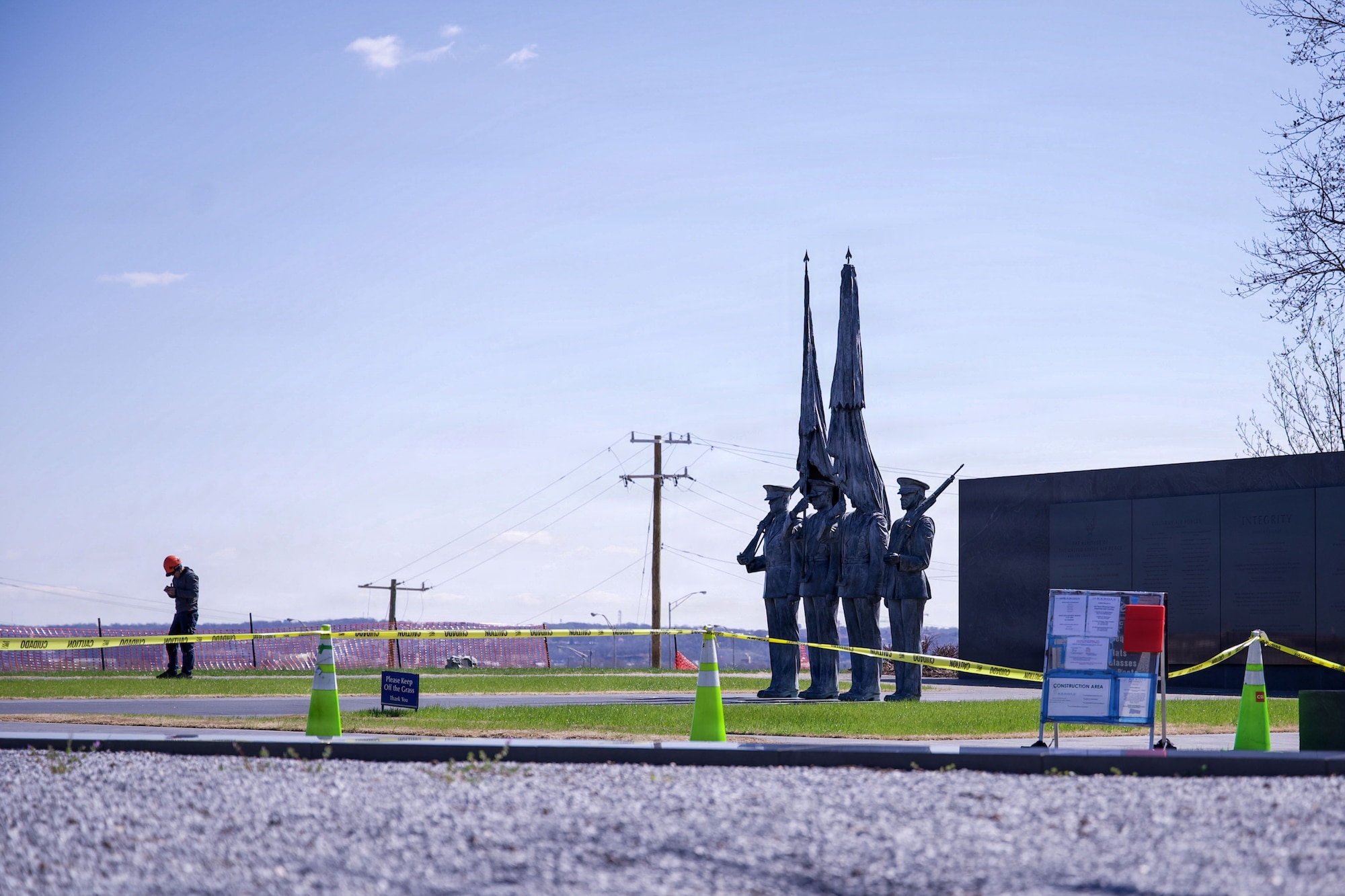 A contractor works at the U.S. Air Force Memorial during a periodic cleaning operation in Arlington, Va., March 24, 2026. In 1993, the U.S. Congress authorized the creation of a memorial honoring the men and women who served in the U.S. Air Force and its predecessors. (U.S. Air Force photo by Airman 1st Class Brandon Thomas)