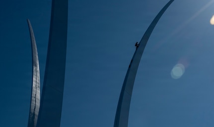 A technician inspects the U.S. Air Force Memorial, Arlington, Va., March 24, 2026. Completed in 2006, the memorial undergoes cleaning and inspection every five years to preserve the structure’s appearance and integrity. (U.S Air Force photo by Airman 1st Class Arlene Carrara)