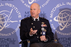 U.S. Space Force Lt. Gen. Dennis Bythewood, U.S. Space Forces–Space (S4S) commander and Combined Joint Force Space Component commander, speaks during the “Operating a Warfighting Service” panel at the Mitchell Institute for Aerospace Studies’ Spacepower Security Forum in Arlington, Va., April 1, 2026. During the panel, Bythewood emphasized that Guardians are globally integrated to deliver active combat support and critical space effects for the Joint Force.