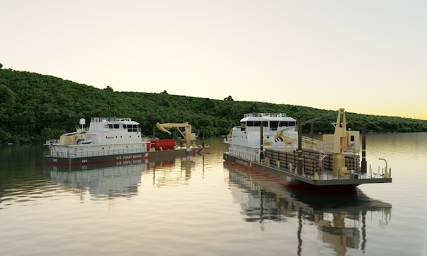Notional vendor rendering of two waterways commerce cutter variants: a river buoy tender (left) and an inland construction tender.