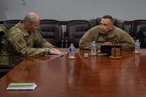 U.S. Air Force Col. Mathew Crossman, deputy commander 91st Missile Wing, provides a welcome brief to U.S. Air Force Maj. Gen. Lyle Drew, director Defense Threat Reduction Agency at Minot Air Force Base, North Dakota, March 30, 2026. The brief covered information about Minot AFB and its vital mission of deterrence.
