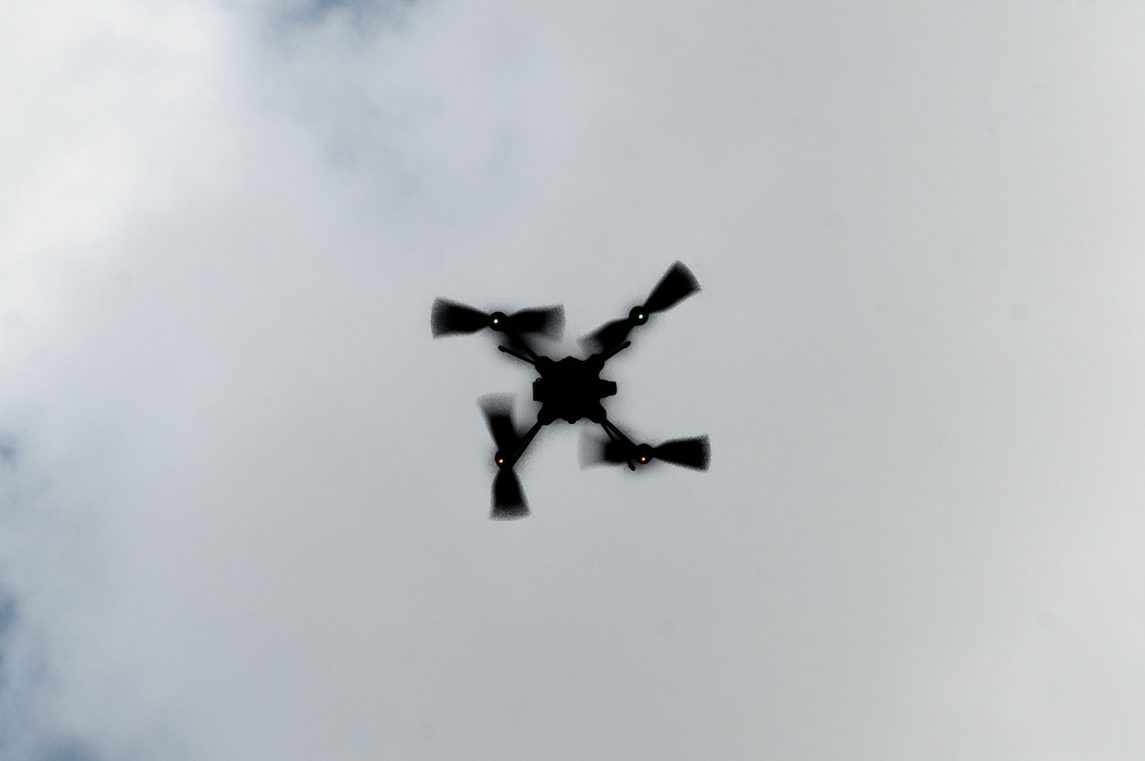 A drone operated by the Goodfellow Fire Department flies during a demonstration for honorary commanders as part of the 17th Mission Support Group immersion at Goodfellow Air Force Base, Texas, April 9, 2026. The demonstration showcased aerial capabilities used to support emergency response operations. (U.S. Air Force photo by Senior Airman James Salellas)