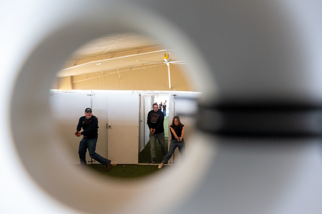 Honorary commanders participate in a shoot-house scenario with the 17th Security Forces Squadron during the 17th Mission Support Group immersion at Goodfellow Air Force Base, Texas, April 9, 2026. The experience provided insight into defender training and decision-making. (U.S. Air Force photo by Senior Airman James Salellas)