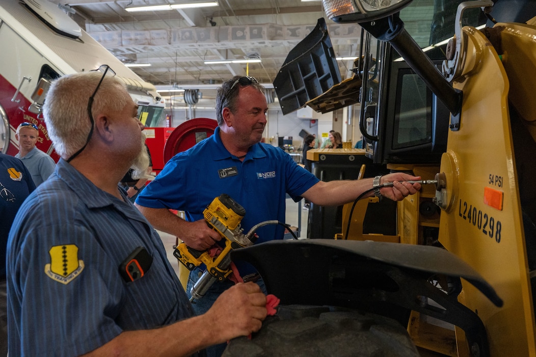 Todd Smith, honorary commander, adds air to equipment during a demonstration at the 17th Logistics Readiness Squadron during the 17th Mission Support Group immersion at Goodfellow Air Force Base, Texas, April 9, 2026. The visit highlighted LRS maintenance and readiness capabilities that support installation operations. (U.S. Air Force photo by Senior Airman James Salellas)