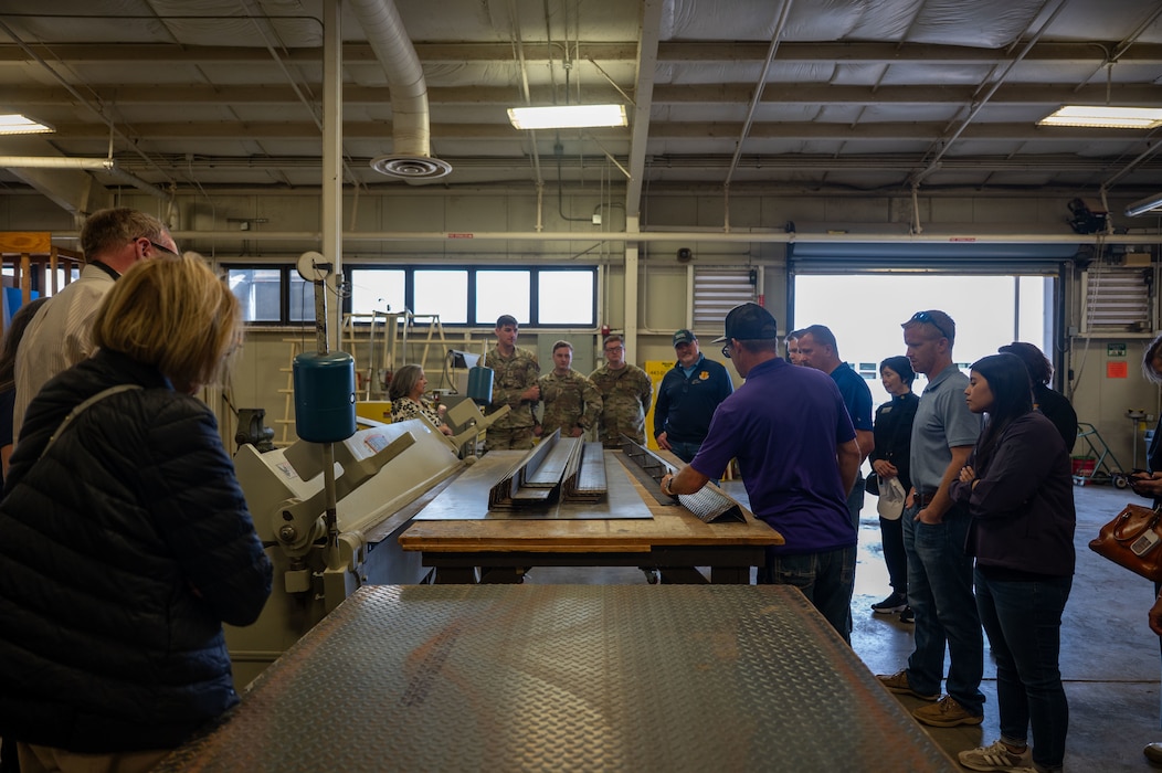 Honorary commanders tour the 17th Civil Engineer Squadron structural shop during the 17th Mission Support Group immersion at Goodfellow Air Force Base, Texas, April 9, 2026. The visit showcased infrastructure maintenance and support capabilities. (U.S. Air Force photo by Senior Airman James Salellas)