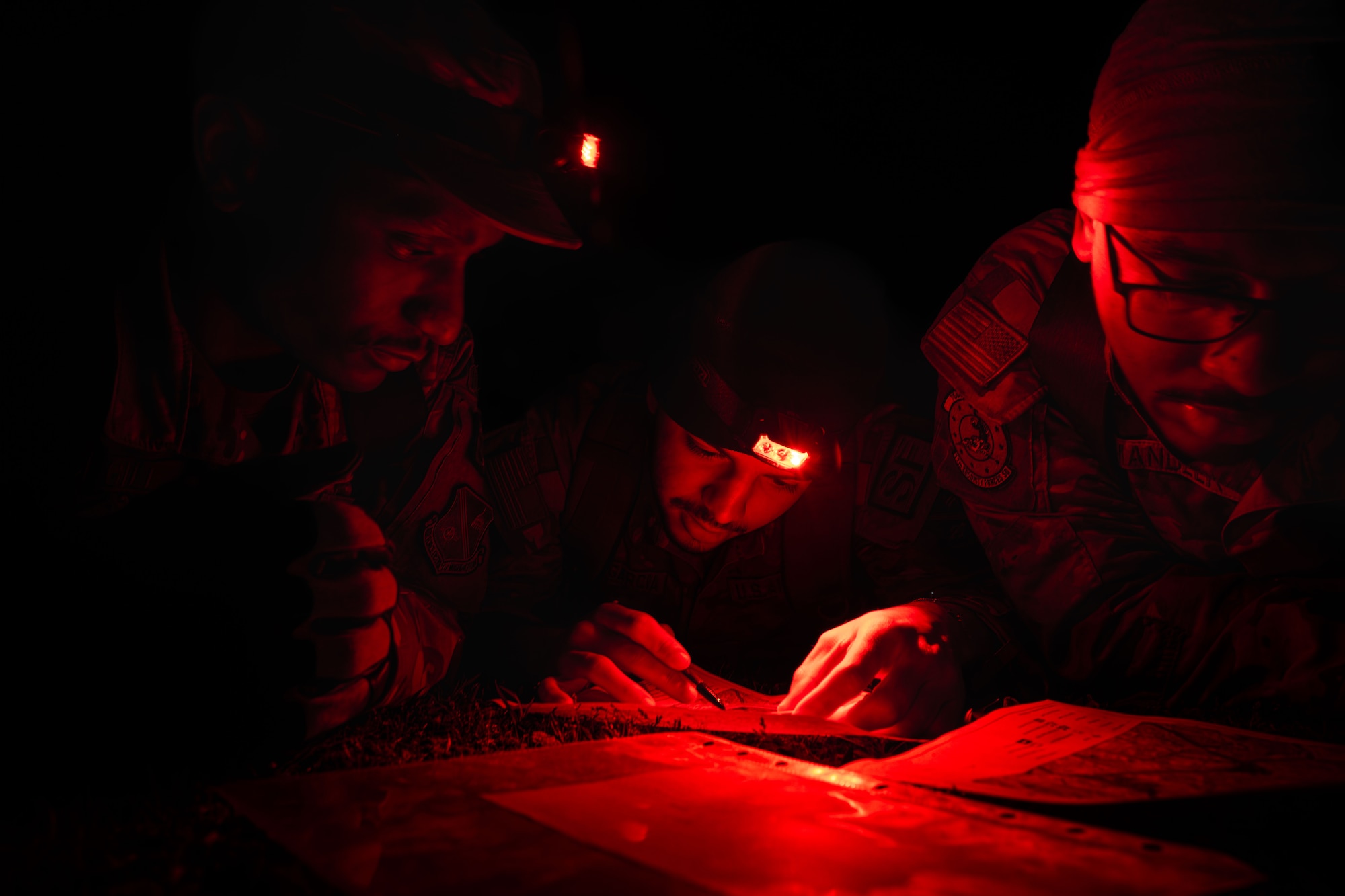 security forces airmen train on nighttime land navigation