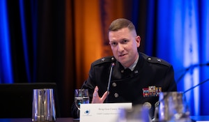 U.S. Space Force Brig. Gen. Casey M. Beard, deputy commander of U. S. Space Force Combat Forces Command, speaks at a Space Senior Leader and Stakeholder Roundtable hosted by the Space Foundation on April 12, 2026 in Colorado Springs, Colorado.  (U.S. Space Force photo by Dave Grim)