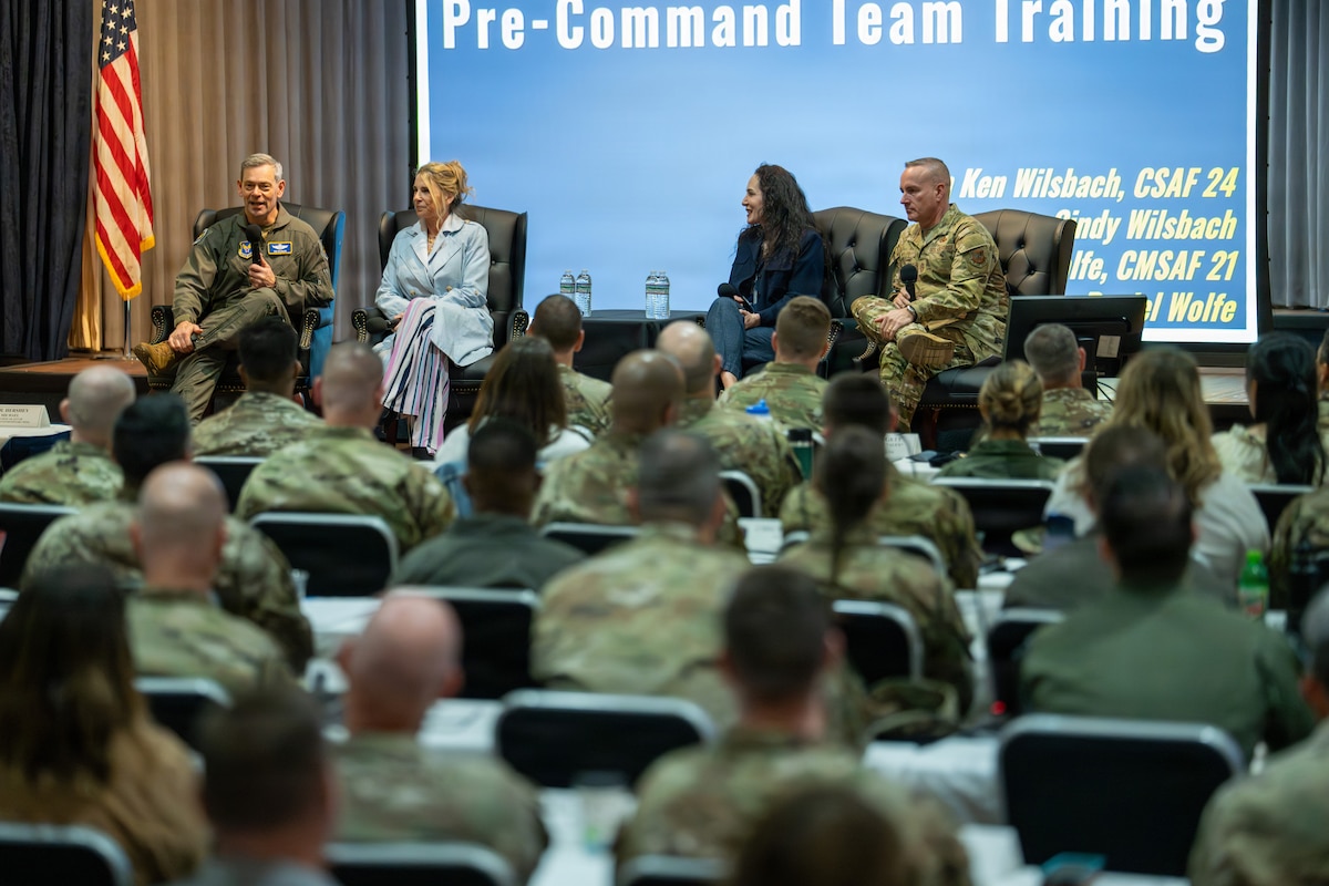 Gen. Ken Wilsbach, Air Force Chief of Staff, left, and his wife, Cindy Wilsbach, join Chief Master Sgt. of the Air Force David R. Wolfe and his wife, Dr. Doniel Wolfe, in a panel discussion during Air University’s Pre-Command Team Training at Maxwell Air Force Base, Alabama, April 9, 2026.