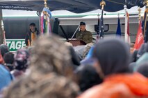 U.S. Air Force Col. Keagan L. McLeese, 9th Reconnaissance Wing commander, welcomes visitors to the 2026 Scout Expo at Beale Air Force Base, California, on April 11, 2026.