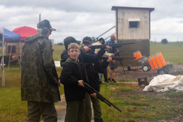 Scouts line up to participate in the clay target shooting event at the 2026 Scout Expo at Beale Air Force Base, California, April 11, 2026.