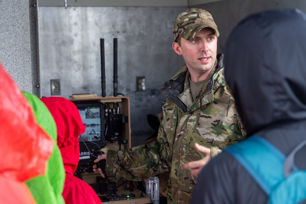 U.S. Air Force Staff Sgt. Connor Ely, 9th Civil Engineer Squadron explosive ordnance disposal team leader, showcases an L3Harris T7 Robotics System to a crowd of Scouts during the 2026 Scout Expo at Beale Air Force Base, California, April 11, 2026.