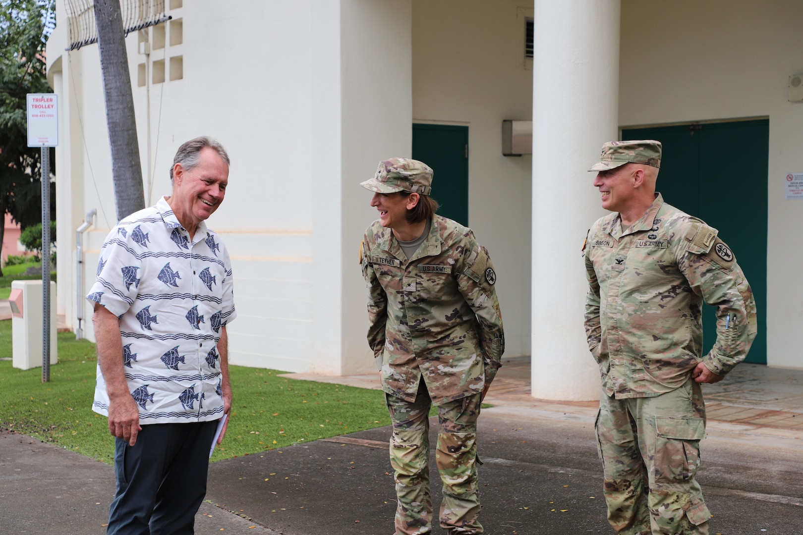 U.S. Rep. Ed Case from Hawaii’s 1st Congressional District, left, met with U.S. Army Brig. Gen. Deydre S. Teyhen, center, director of Defense Health Network Indo-Pacific, and Col. William F. Bimson, director of Tripler Army Medical Center (TAMC), during a visit at TAMC in Honolulu, Hawaii on April 9. The purpose of the visit was to update Rep. Case on TAMC’s capabilities and future plans, while advancing mission readiness, and prioritizing patient-centered care for Soldiers and their families stationed throughout the Indo-Pacific region.
(Defense Health Agency photo by Khinna Kaminske)