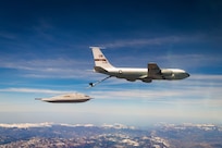 A U.S. Air Force B-21 Raider conducts aerial refueling with a KC-135 Stratotanker. This is a key part of a rigorous test campaign to mature the systems required for survivable, long-range, penetrating strike. The ability to refuel in-flight is fundamental to the Raider’s role in projecting power globally and provides combatant commanders with the flexible options needed to deliver decisive effects anywhere in the world. (U.S. Air Force photo)