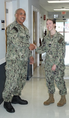 DAHLGREN, Va. – Lt. Natalie Grose of Naval Health Clinic Patuxent River was recognized for her exceptional leadership and dedication, which have made a significant impact on readiness and patient services. As one of two providers managing care for all enrolled populations, she served as the sole provider for the critical Walk-In Contraceptive Clinic and piloted the highly successful Duty Sick Call Corpsman program to optimize triage and expand provider capacity. In recognition of her achievements, Rear Adm. Reginald Ewing, III, director, Defense Health Agency-National Capital Region, presented her with a coin. Lt. Grose's unwavering commitment to excellence, teamwork, and readiness exemplifies the highest standards of Navy leadership.