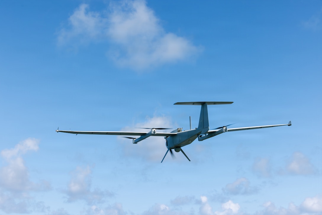 A Jump 20 group 3 Unmanned Aerial System takes off during flight operations aboard San Antonio-class amphibious transport dock USS San Antonio (LPD 17), while underway in the Caribbean Sea, April 3, 2026. U.S. military forces are deployed to the Caribbean in support of the U.S. Southern Command mission, Department of War-directed operations, and the president’s priorities to disrupt illicit drug trafficking and protect the homeland. (U.S. Marine Corps photo)