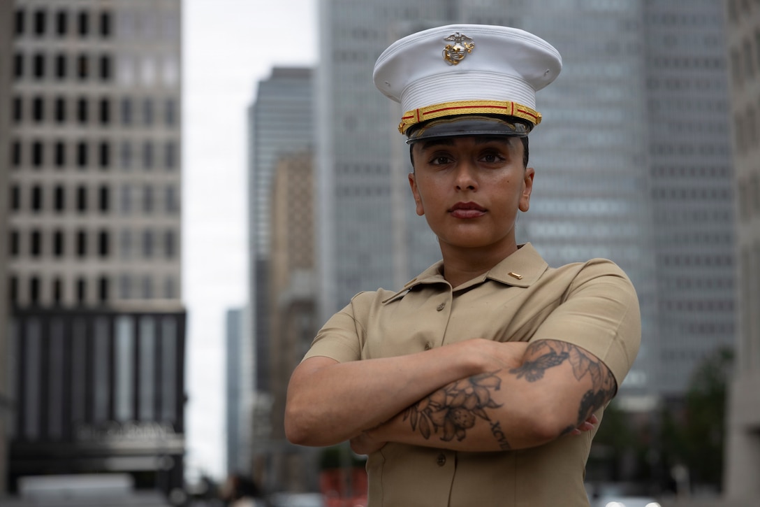 U.S. Marine Corps 2nd Lt. Sydney Distefano, from New York, a communication strategy and operations officer with II Marine Expeditionary Force, poses in front of Houston City Hall in Houston, Texas, April 13, 2026. Held in partnership with Freedom 250, the inaugural Fleet Week Houston commemorates the 250-year legacy of America while showcasing its sea service’s cutting-edge technology and the unwavering dedication of our warfighters. (U.S. Marine Corps photo by Lance Cpl. Perri Wood)