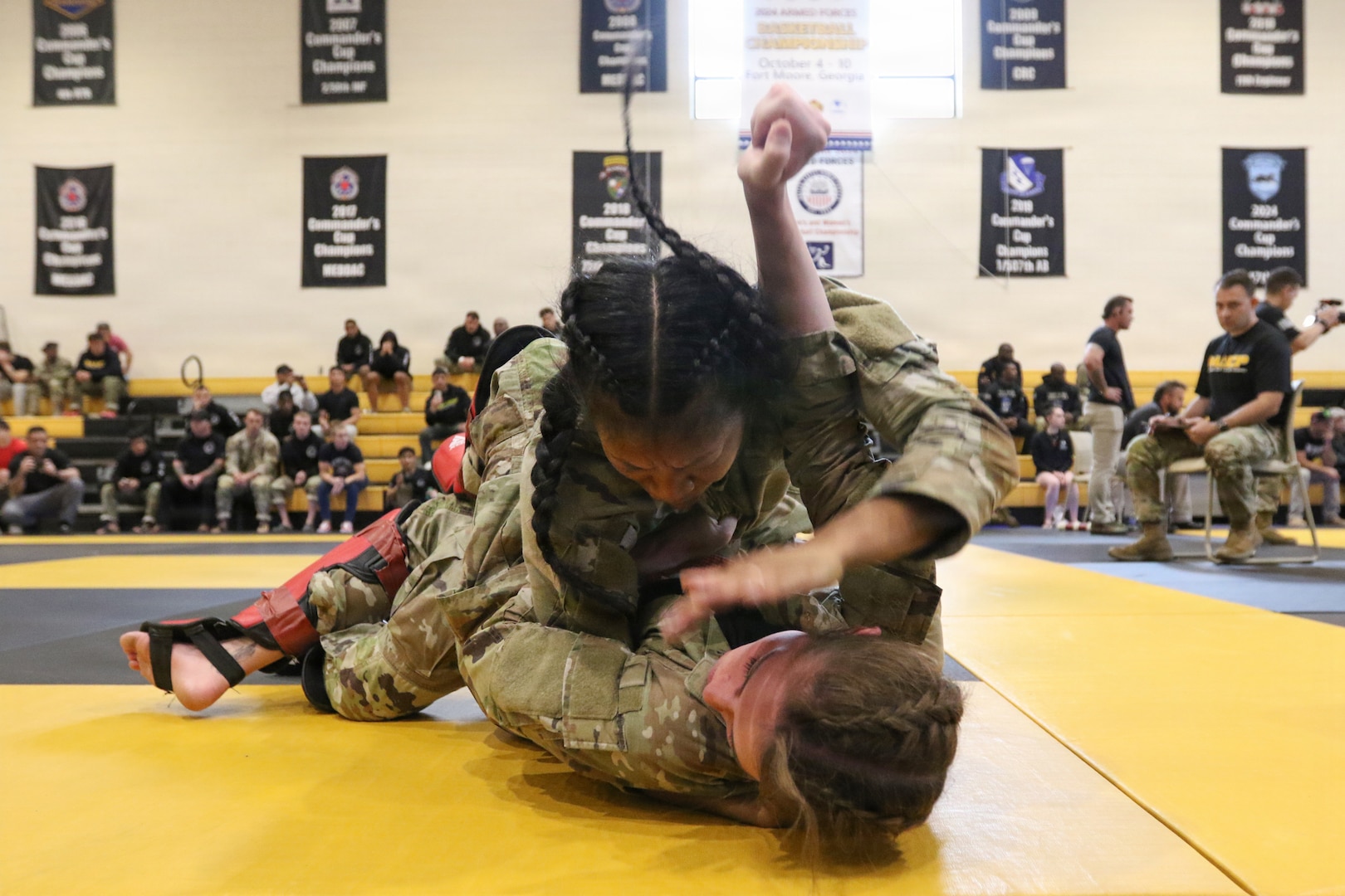 U.S. Army National Guard Soldiers representing Pennsylvania, Ohio, Nevada, Guam, and the District of Columbia compete during day two of the 2026 Lacerda Cup All-Army Combatives Championship at Fort Benning, Ga. Apr. 9, 2026. Fighters progress through the quarterfinals and semifinals to earn their championship cage match bouts. The competition features eight-person teams and individual Soldiers performing multiple close-quarters combatives techniques, proving their readiness to close with and destroy the enemy in hand-to-hand combat.