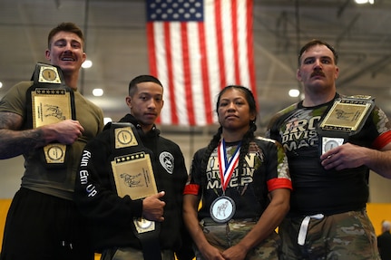 U.S. Army National Guard Soldiers compete in the finals during day three of the 2026 Lacerda Cup All-Army Combatives Championship at Fort Benning, Ga. Apr. 10, 2026. The two Army National Guard teams finished the tournament with third and sixth place team standings out of twenty-one teams competing, with three National Guard Soldiers earning championship belts.
