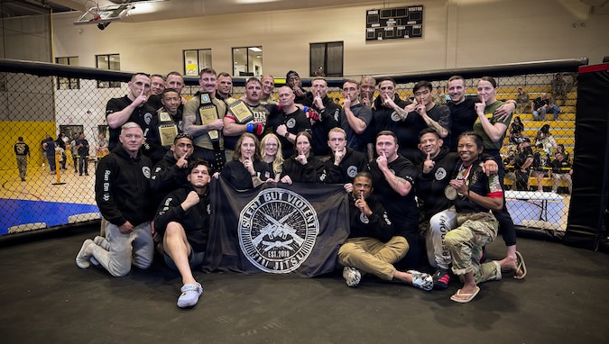 U.S. Army National Guard Soldiers compete in the finals during day three of the 2026 Lacerda Cup All-Army Combatives Championship at Fort Benning, Ga. Apr. 10, 2026. The two Army National Guard teams finished the tournament with third and sixth place team standings out of twenty-one teams competing, with three National Guard Soldiers earning championship belts.
