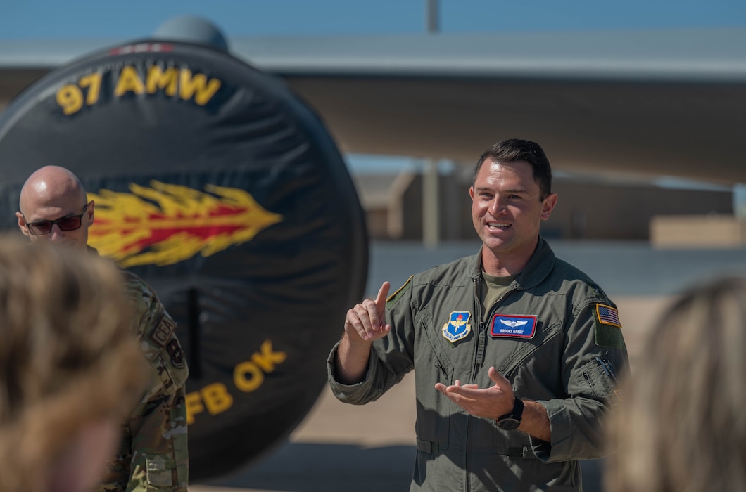 U.S. Air Force Capt. Brooks Hardy, 54th Air Refueling Squadron chief of faculty training management, addresses Air Mobility Command (AMC) senior leaders and civic leaders at Altus Air Force Base (AFB), Oklahoma, April 9, 2026. The visit from the AMC leaders to Altus AFB highlighted how the two bases’ missions are directly connected, as Airmen at Altus train on three of Air Mobility Command’s core aircraft—the U.S. Air Force C-17 Globemaster III aircraft, KC-46 Pegasus aircraft, and the KC-135 Stratotanker aircraft. (U.S. Air Force photo by Airman 1st Class Emma Wright)