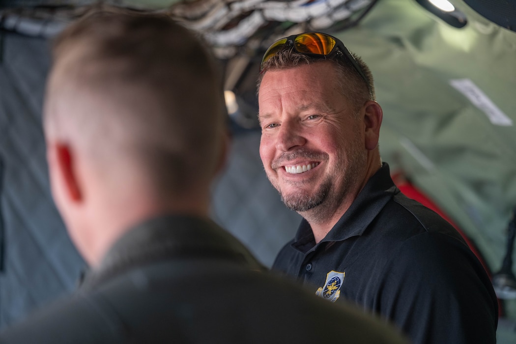 Daniel Gray, Air Mobility Command (AMC) civic leader, talks with U.S. Air Force Lt. Col. Aaron Brown, 54th Air Refueling Squadron commander, inside a KC-135 Stratotanker aircraft at Altus Air Force Base (AFB), Oklahoma, April 9, 2026. The visit from AMC senior leaders and civic leaders to Altus AFB fostered meaningful dialogue and emphasized how the training conducted at Altus directly strengthens Air Mobility Command’s global air refueling mission. (U.S. Air Force photo by Airman 1st Class Emma Wright)