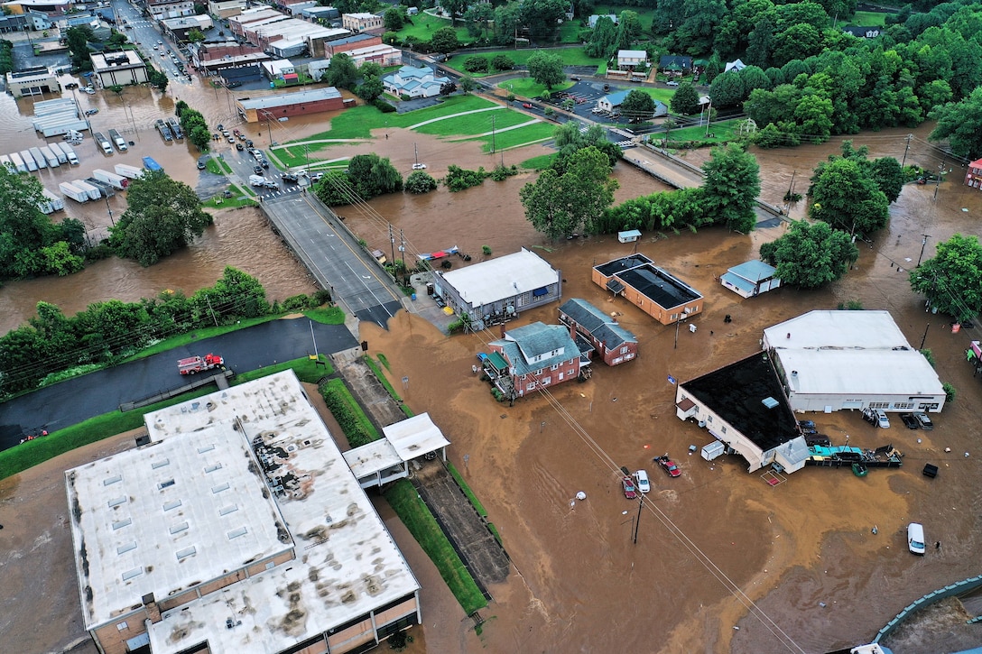 Flooding caused by storms damages homes and businesses in Canton, North Carolina, on August 17, 2021. (Photo by Allen Newland, A Shot Above – Aerial Photography/Videography of Western North Carolina)