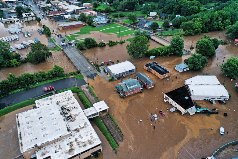 Flooding caused by storms damages homes and businesses in Canton, North Carolina, on August 17, 2021. (Photo by Allen Newland, A Shot Above – Aerial Photography/Videography of Western North Carolina)