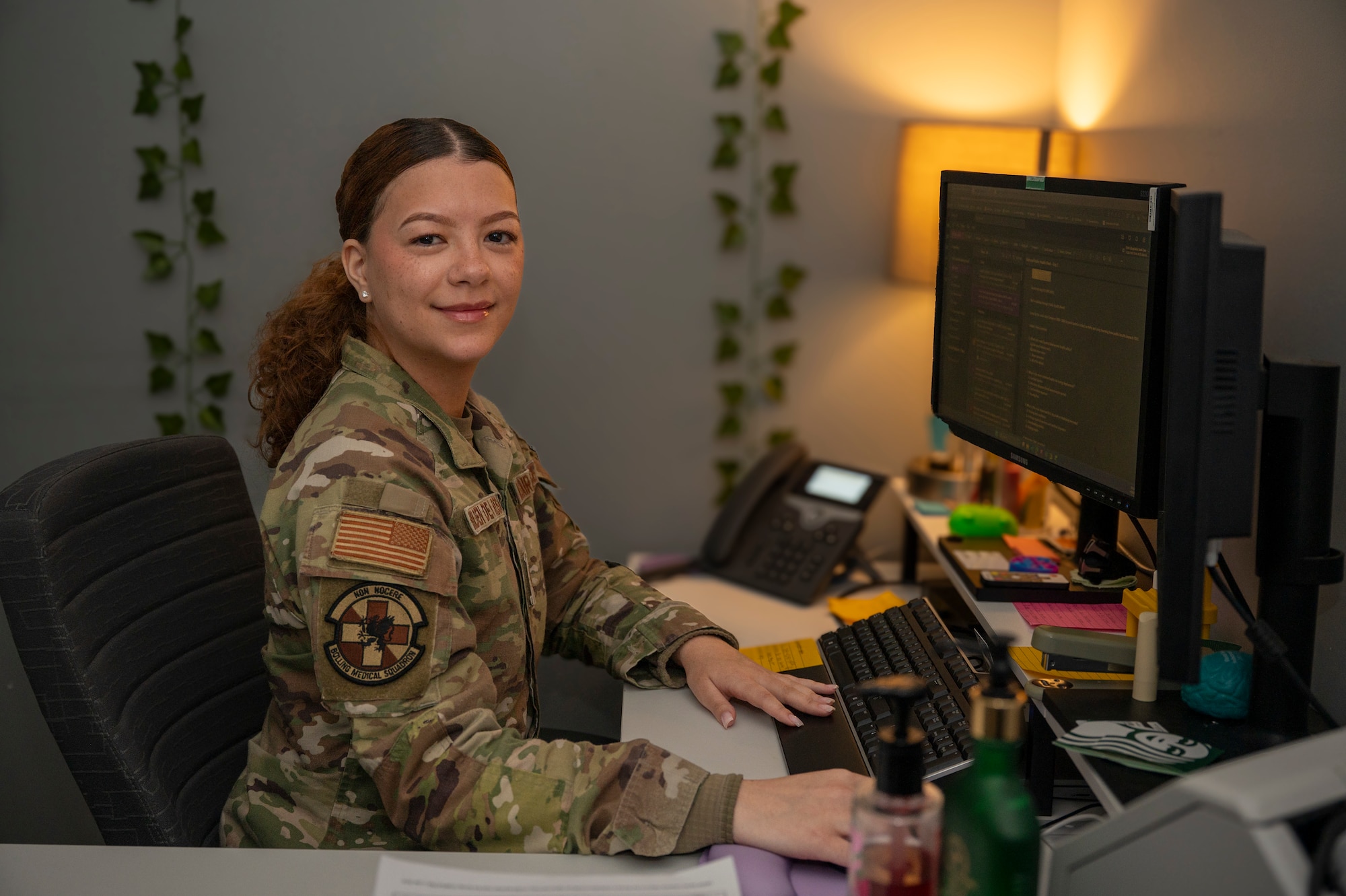 U.S. Air Force Staff Sgt. Lila Holden De La Rosa, community health and food protection lead for Bolling Medical Squadron Public Health, reviews upcoming inspection deadlines at Joint Base Anacostia-Bolling, Washington, D.C., April 8, 2026. Over the past year, BMS Public Health supported the Food Safety and Sanitation program by inspecting 37 food facilities and 17 public facilities on the JBAB installation to protect more than 18,000 military personnel, federal civilian employees and military family members against foodborne illnesses. (U.S. Air Force photo by Senior Airman Shanel Toussaint)