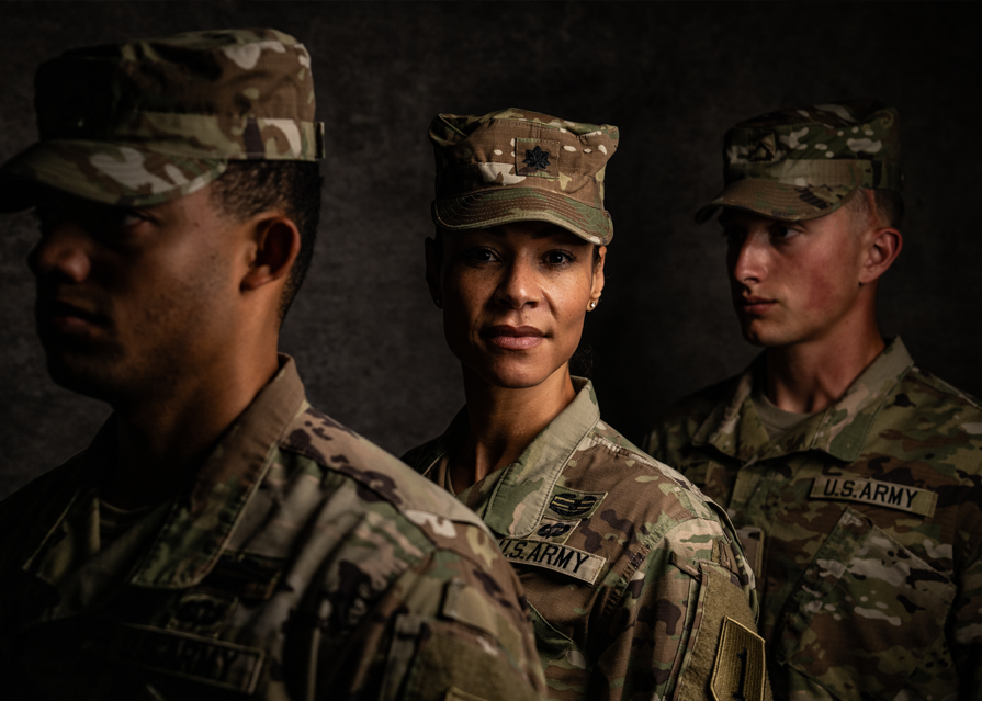 A close up photo of three uniformed service members standing in a row. The soldier in the middle is looking toward the camera, the other two soldiers are looking straight ahead.