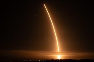 A Falcon 9 rocket carrying the Starlink 17-27 mission launches from Space Launch Complex 4 East (SLC-4E) at Vandenberg Space Force Base, Calif., April 14, 2026. This mission marked the 25th launch of 2026 from the Vandenberg spaceport and test range. Each launch at Vandenberg is designated by the federal government to strengthen national security, advance economic growth and achieve critical national space objectives.