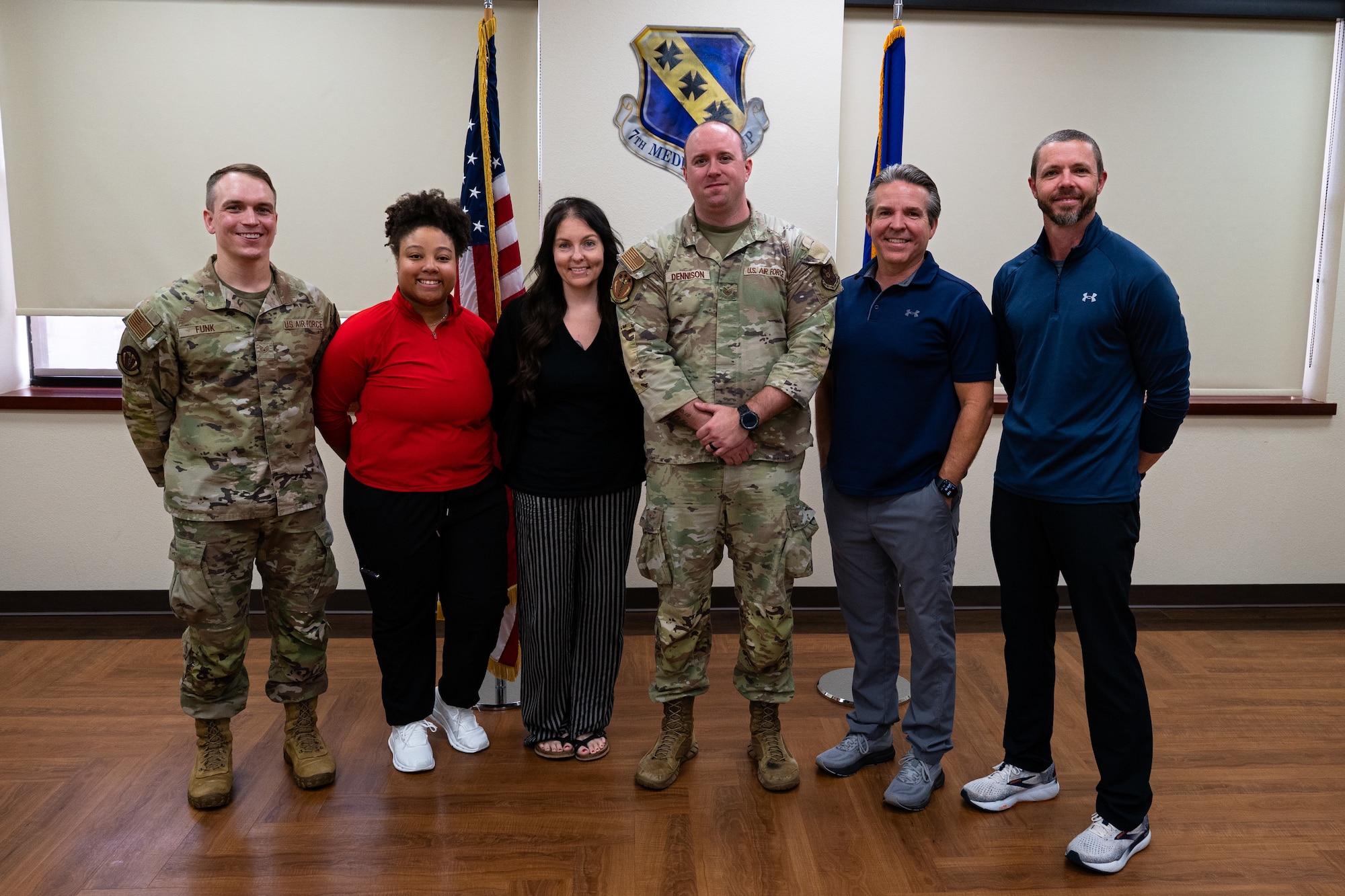 Members of the 7th Medical Group and Hardin-Simmons University physical therapy program gather for a collaborative training event at Dyess Air Force Base, Texas, April 10, 2026. The partnership focused on hands-on training for assessing physical fitness and improving overall health performance. (U.S. Air Force photo by Senior Airman Jade M. Caldwell)