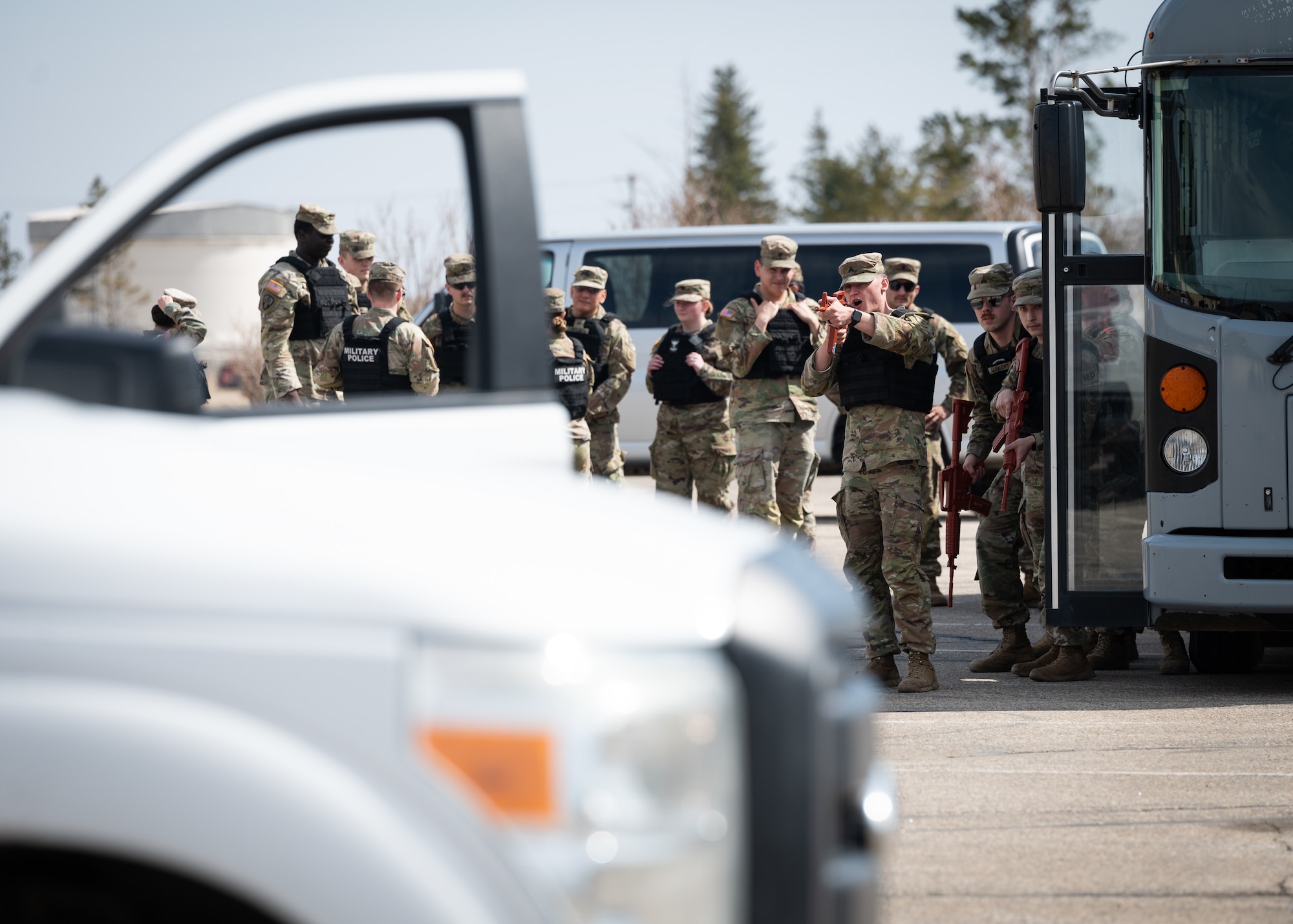 U.S. Army soldiers practice law enforcement procedures during a joint military training exercise.