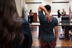 Haley Ruf, Hardin-Simmons University physical therapy student, observes a participant’s range of motion during a collaborative training event with the 7th Medical Group at Dyess Air Force Base, Texas, April 10, 2026. The partnership focused on hands-on training for assessing physical fitness and improving overall health performance. (U.S. Air Force photo by Senior Airman Jade M. Caldwell)