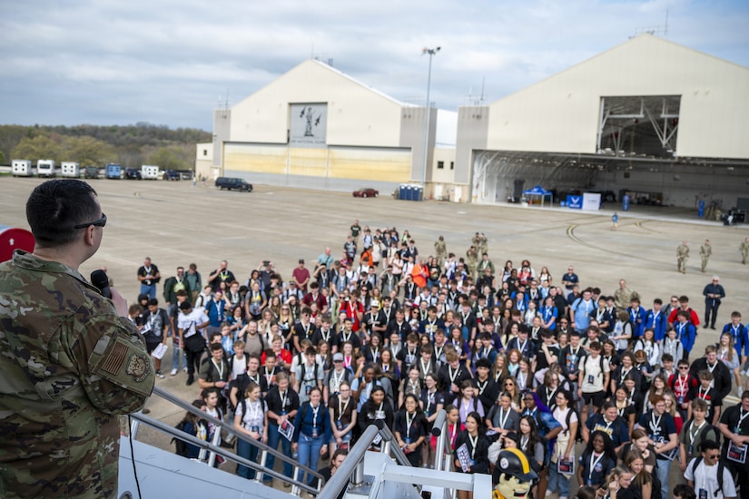 Lt. Col. Alex Steele, executive officer, 171st Air Refueling Wing, welcomes students during an All-Star Leadership Day in Pittsburgh, Pennsylvania, April 15, 2026. Airmen shared their experiences and perspectives, encouraging students to consider leadership roles and STEM-focused careers within the U.S. Air Force. (U.S. Air National Guard photo by Tech. Sgt. Zoe M. Wockenfuss)