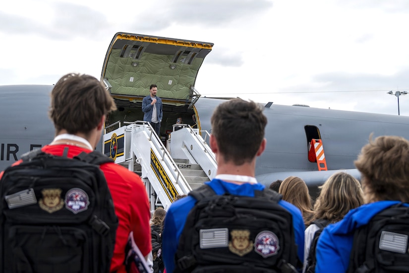 Paul Skenes, Major League Baseball pitcher for the Pittsburgh Pirates, welcomes students during an All-Star Leadership Day in Pittsburgh, Pennsylvania, April 15, 2026. Airmen shared their experiences and perspectives, encouraging students to consider leadership roles and STEM-focused careers within the U.S. Air Force. (U.S. Air National Guard photo by Tech. Sgt. Zoe M. Wockenfuss)