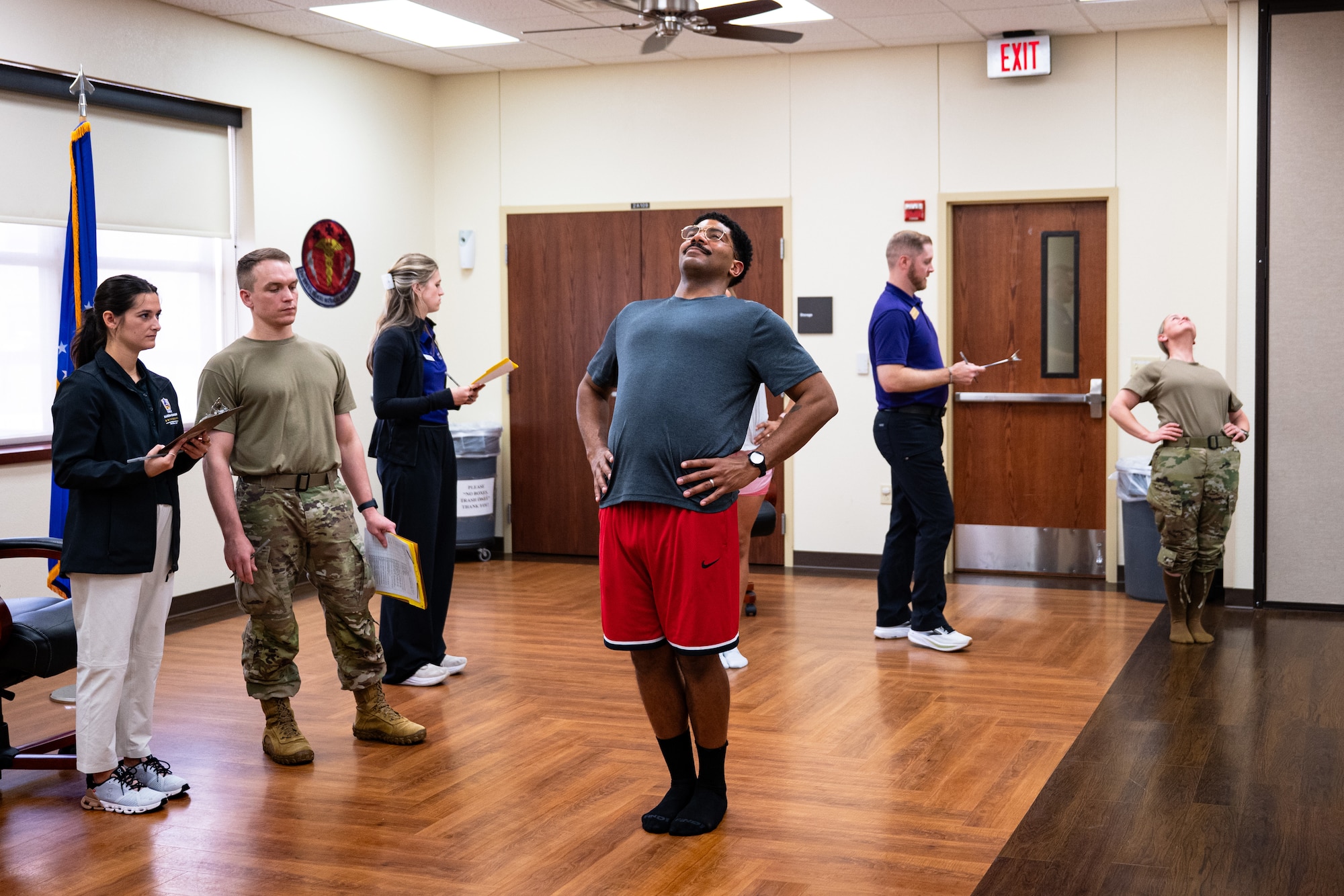 Members of the Hardin-Simmons University physical therapy program observe the movement patterns of U.S. Airmen during a collaborative training event with the 7th Medical Group at Dyess Air Force Base, Texas, April 10, 2026. The event emphasized joint learning and the practical application of physical therapy techniques to enhance Airman readiness. (U.S. Air Force photo by Senior Airman Jade M. Caldwell)